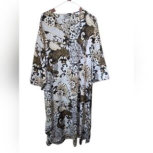 Natori Satin‎ Caftan Muumuu Women's XL Asian Floral 3/4 Sleeve Zip Front Lounge